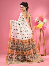 White Cotton Handspun Handwoven Saree With Jute Weaving Pallu-MA51CH431930038